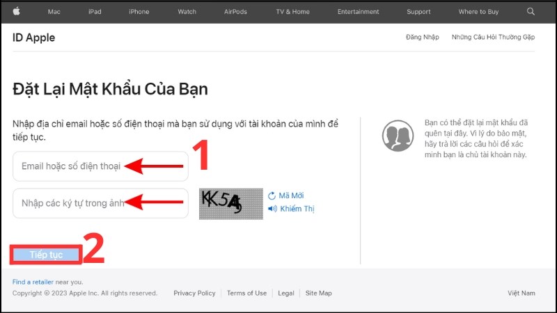 Điền email và nhập ký tự xác thực